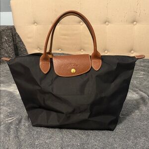 Longchamp Black Nylon Tote with Brown Leather Trim
